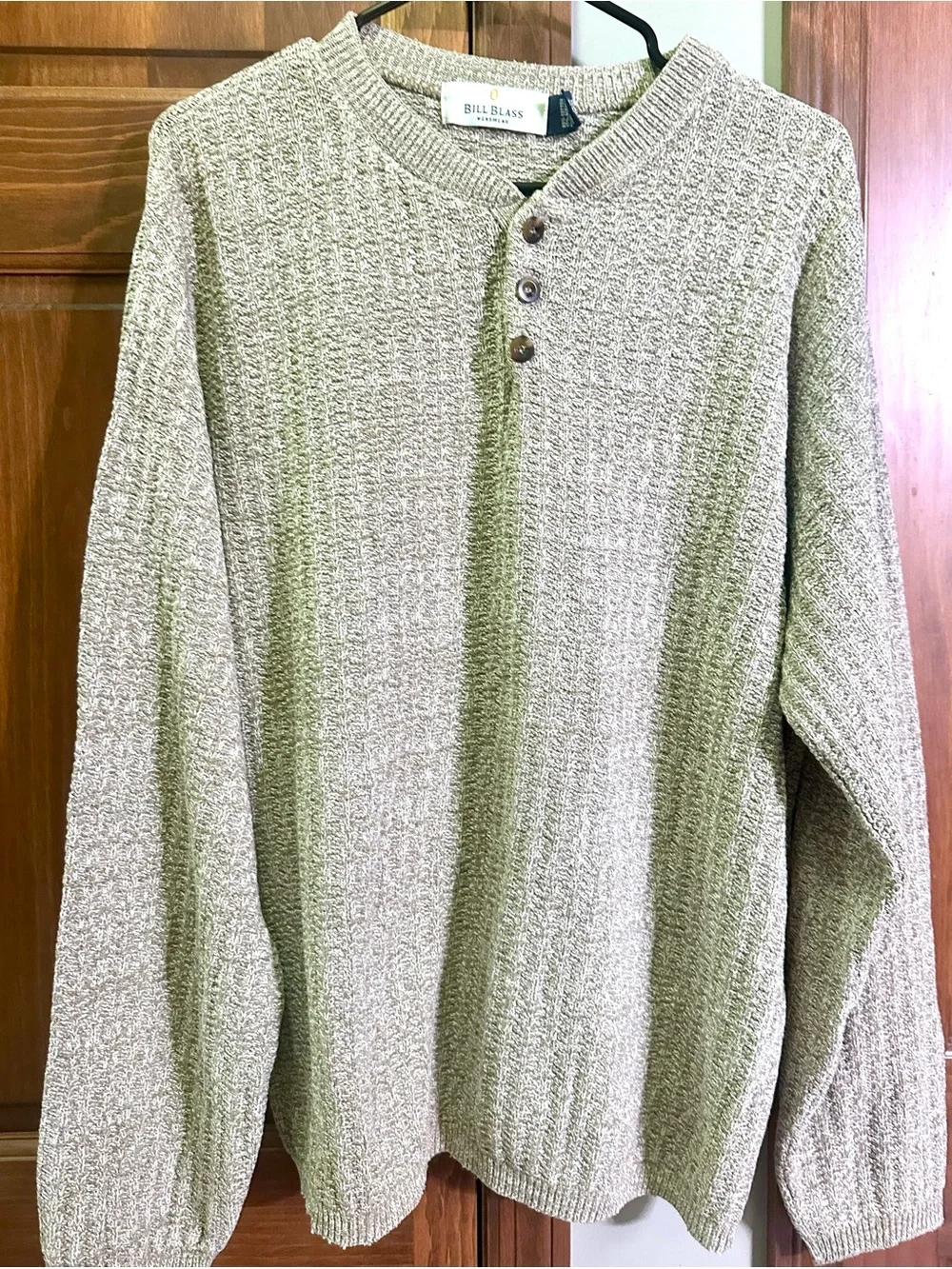 Vintage bill blass Men's Beige V-Neck Button Henley Sweater
